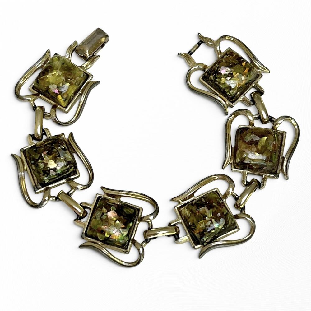 Vintage Signed Coro Confetti Lucite Bracelet Green Colorful Shimmer Gold Tone